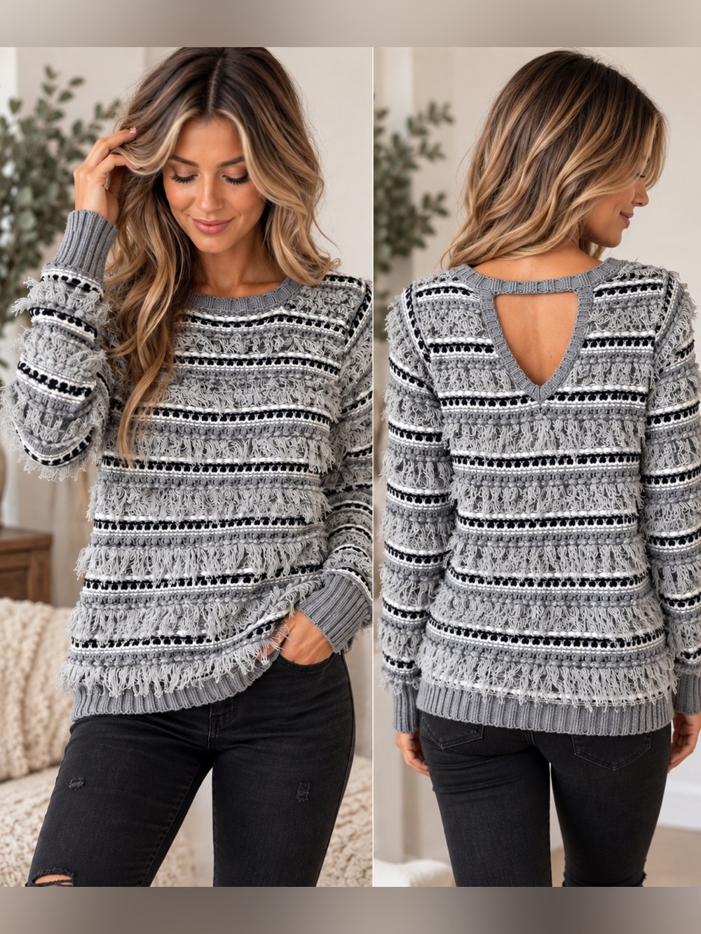 Chaser Gray Fringe Textured Open Back Boho Sweater Pullover